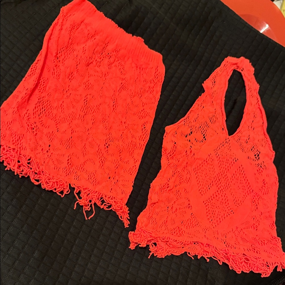 Vibrant Orange Lace Two-Piece Set